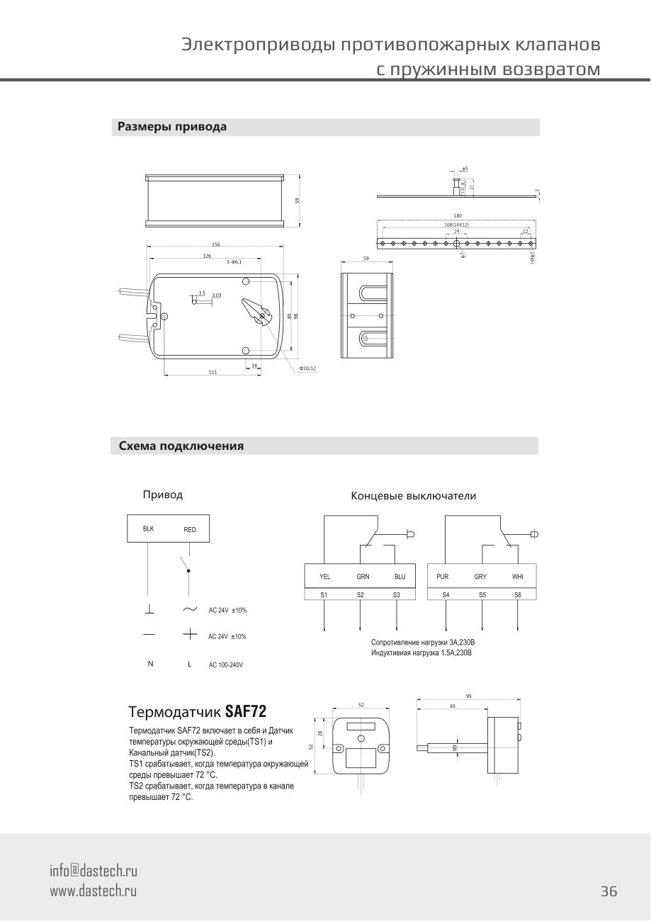 Размеры и схема подключения электропривода Dastech FR-05N220ST