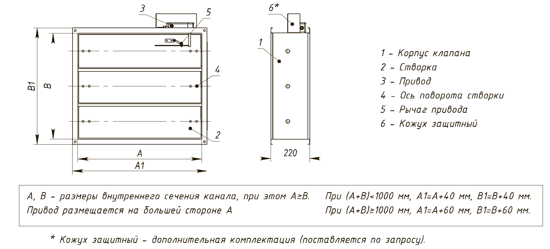 Схема конструкции клапана Прямоугольного сечения (Исполнение КЛ) с наружным размещением привода — КПВ.01(02;03)-КЛ